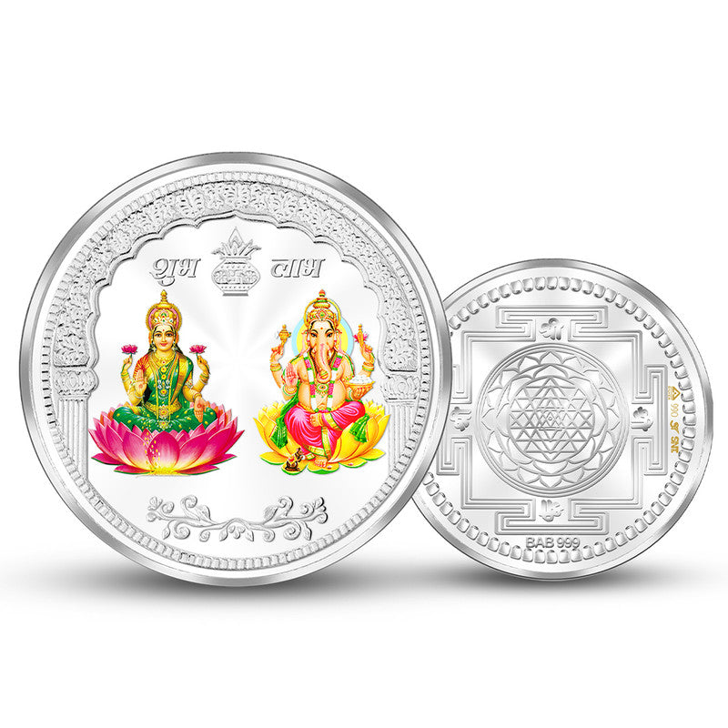 Lakshmi Ganesh Ji Colored 999 Pure Silver Coin Round Shape