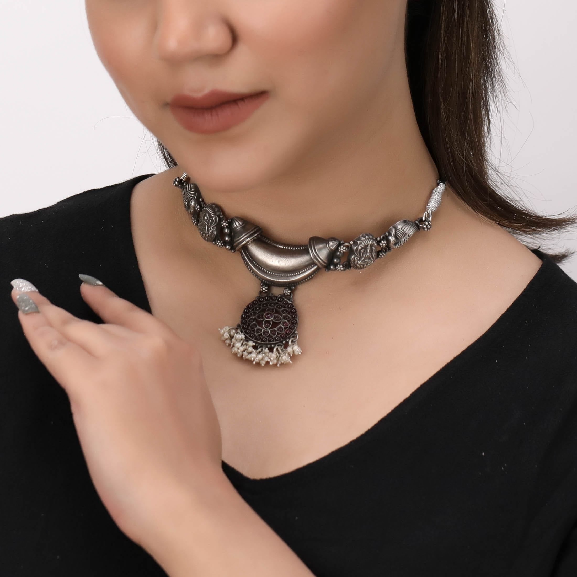 Oxidised Silver Ethnic Choker Necklace