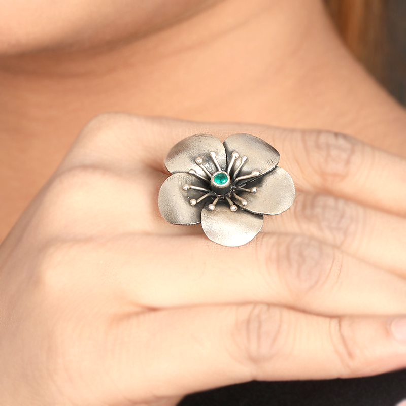 925 Oxidised Five Petals Adjustable Ring