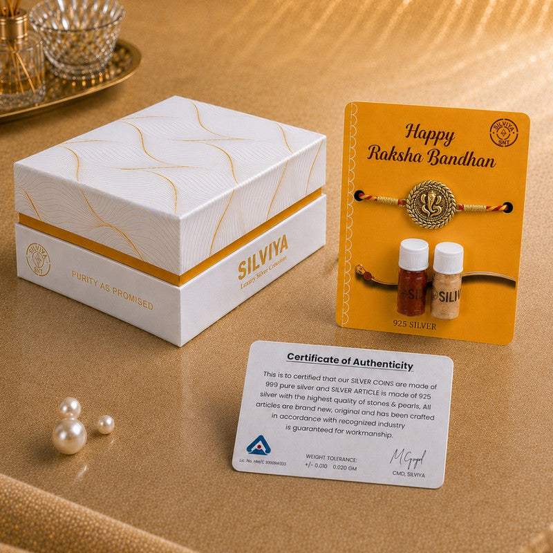 Silver Shree Design Rakhi for Brother with Roli Chawal