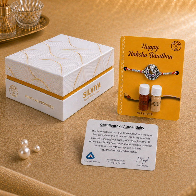 Silver Om & Swastik Rakhi for Brother with Roli Chawal
