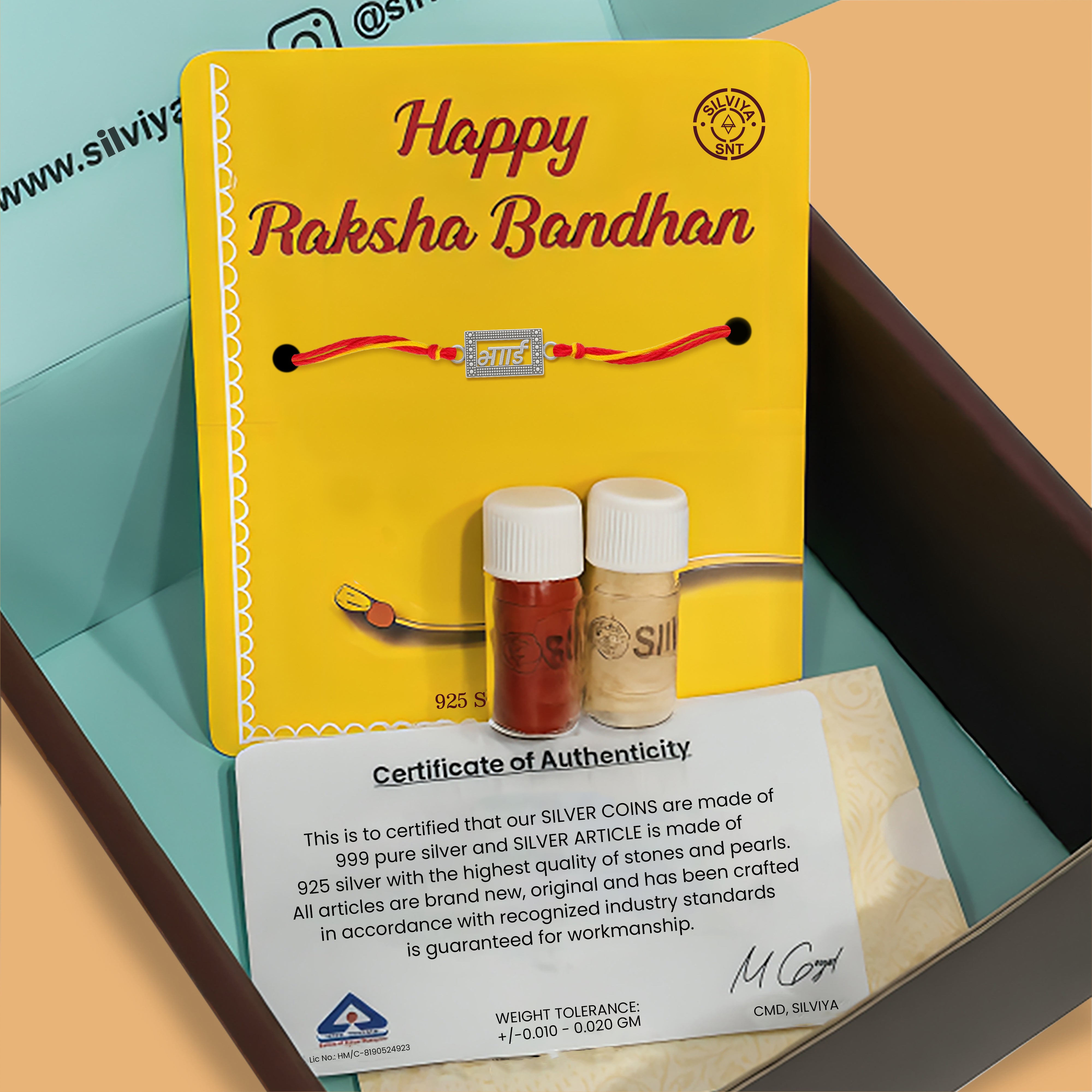 925 silver bhai rakhi gift set for Raksha Bandhan with roli chawal and certificate of authenticity from Silviya
