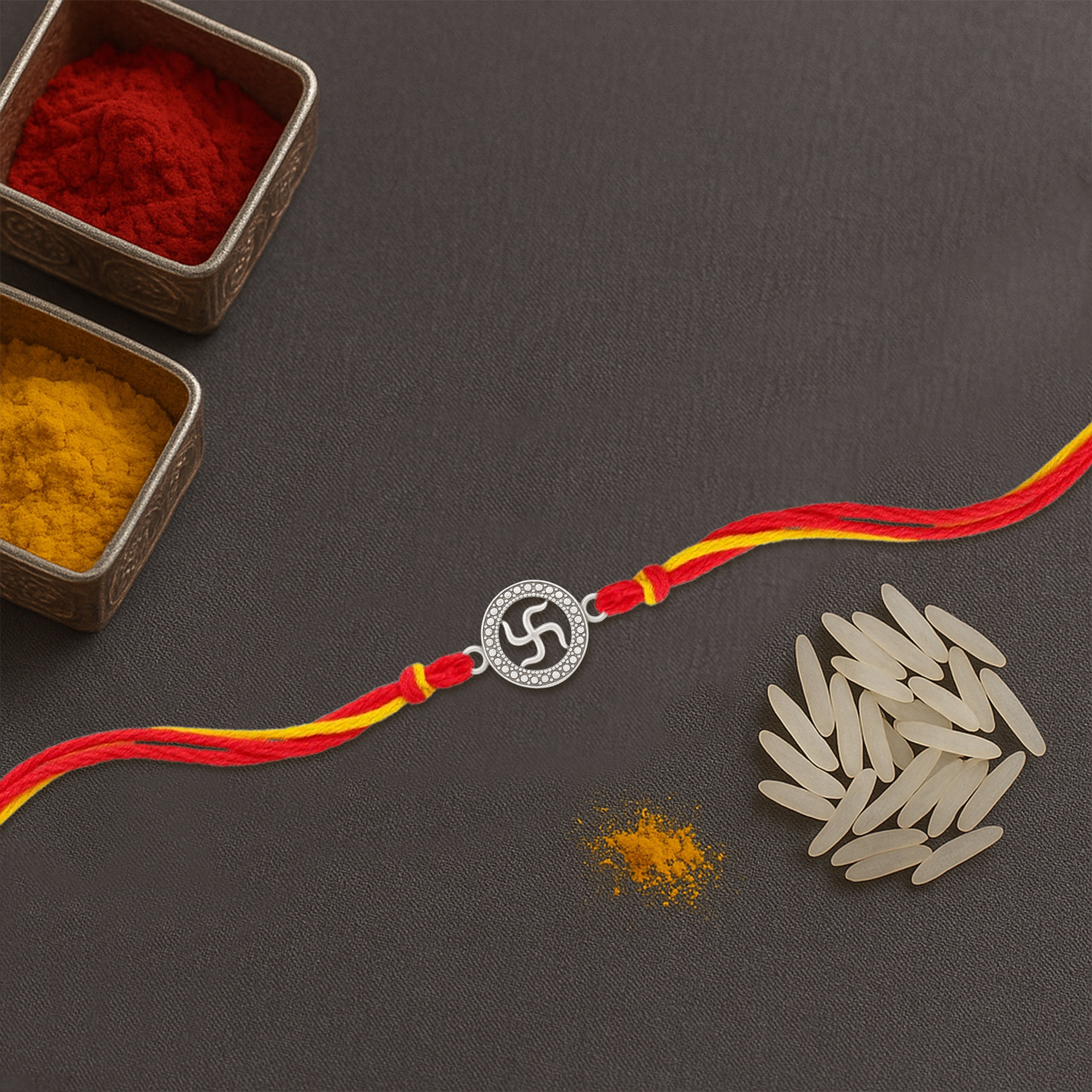 Silver rakhi for brother with Swastik symbol – original silver rakhi design with price for Raksha Bandhan
