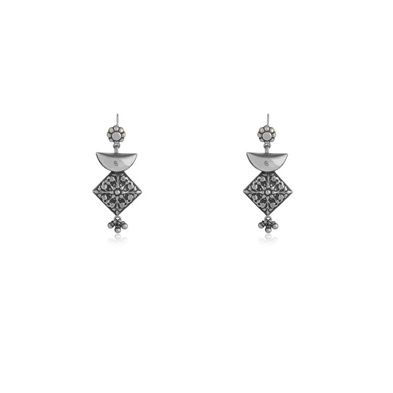 925 Silver Geometric Earrings - Moon & Square