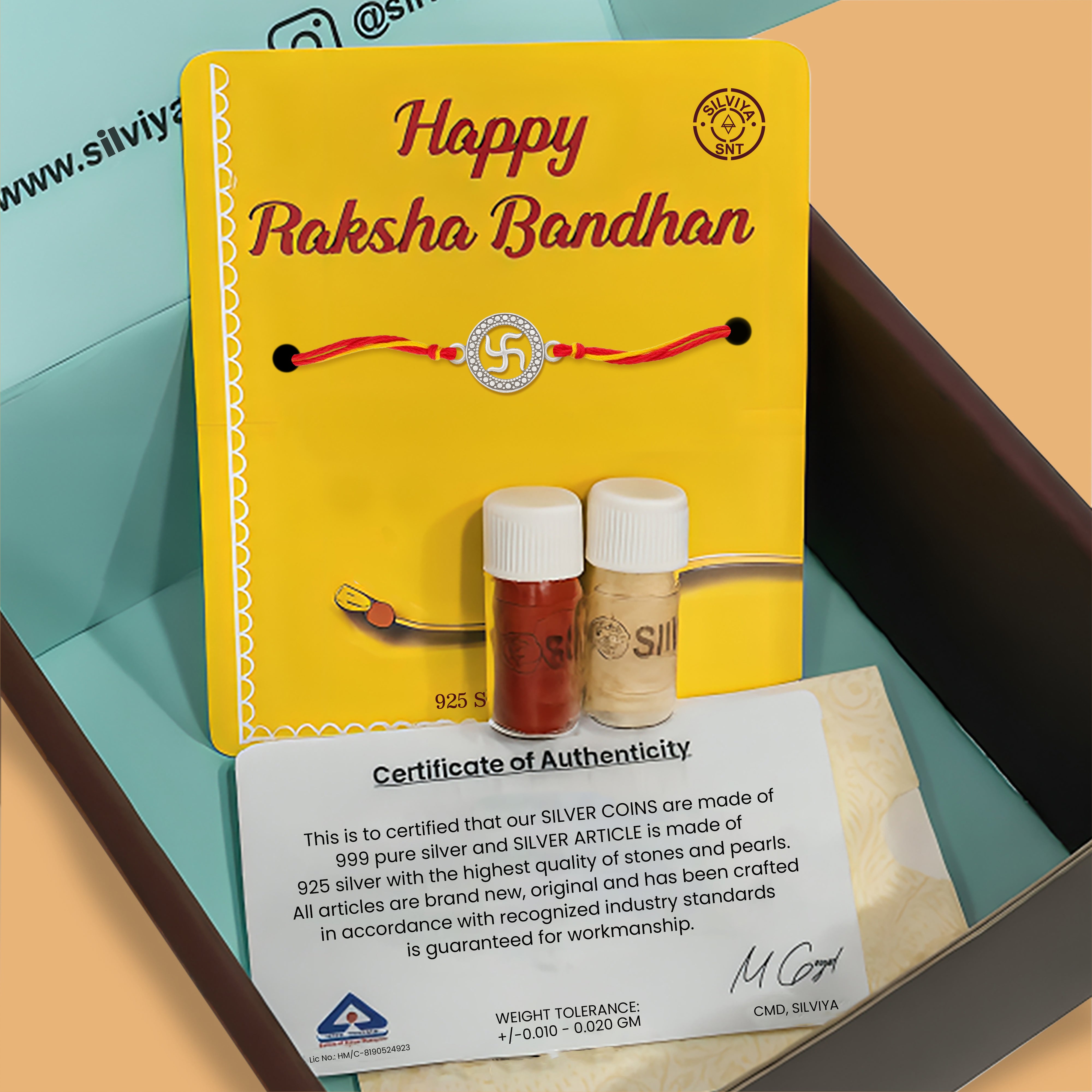925 silver Om rakhi gift set for Raksha Bandhan with roli chawal and certificate of authenticity from Silviya
