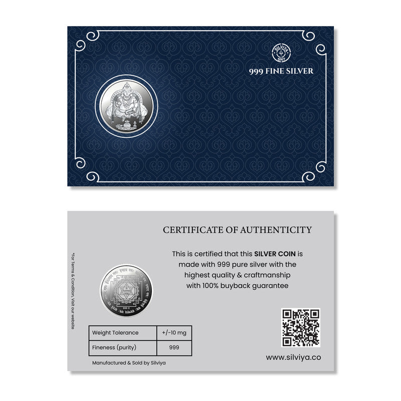 Kuber Ji Yantra 999 pure silver round coin for Diwali prosperity and good fortune.