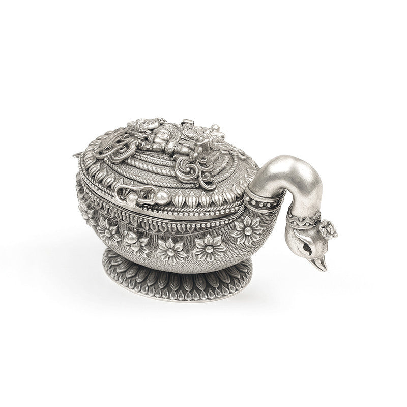 925 Silver Godess Lakshmi Engraved Swan Shape Sindoor Box