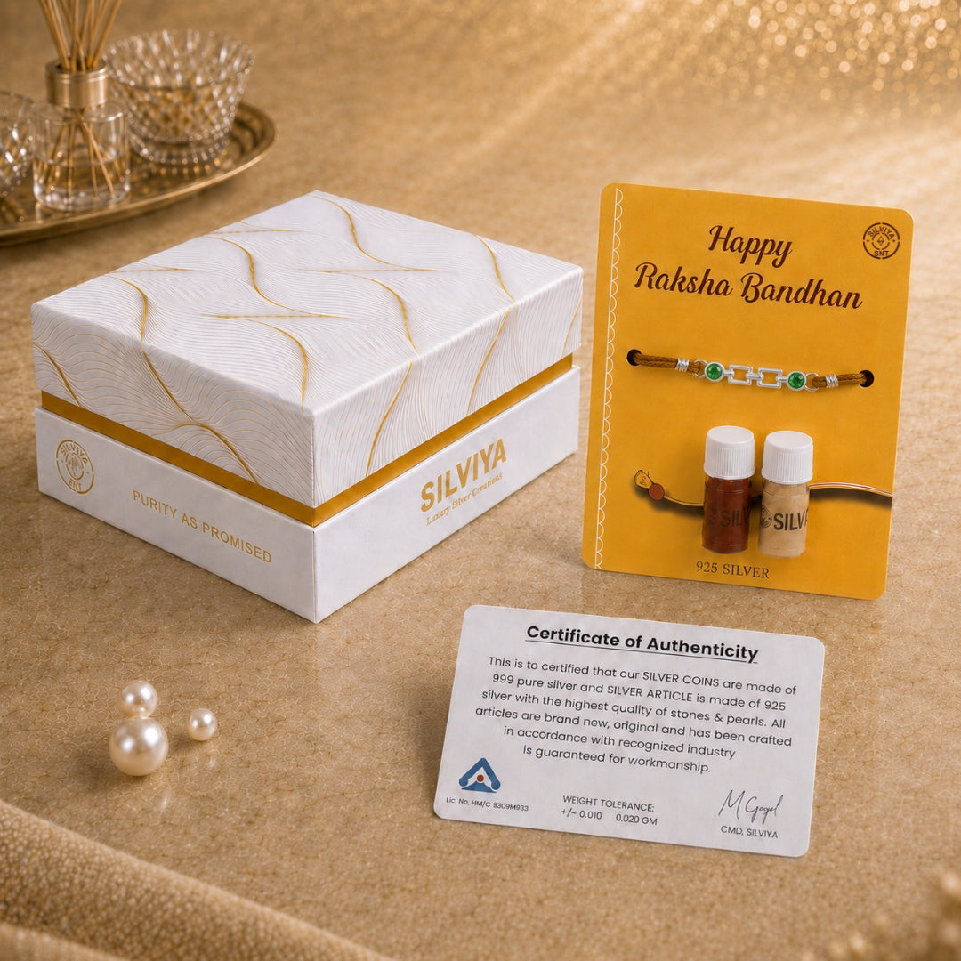 Premium Silviya gift box packaging for a silver cubic green stone Rakhi – ideal 925 silver Raksha Bandhan gift for brother.
