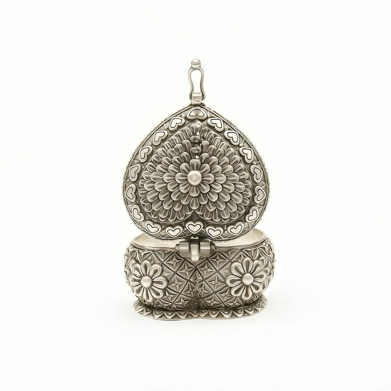 925 Silver Heart Shape Flower Design Engraved Sindoor Box