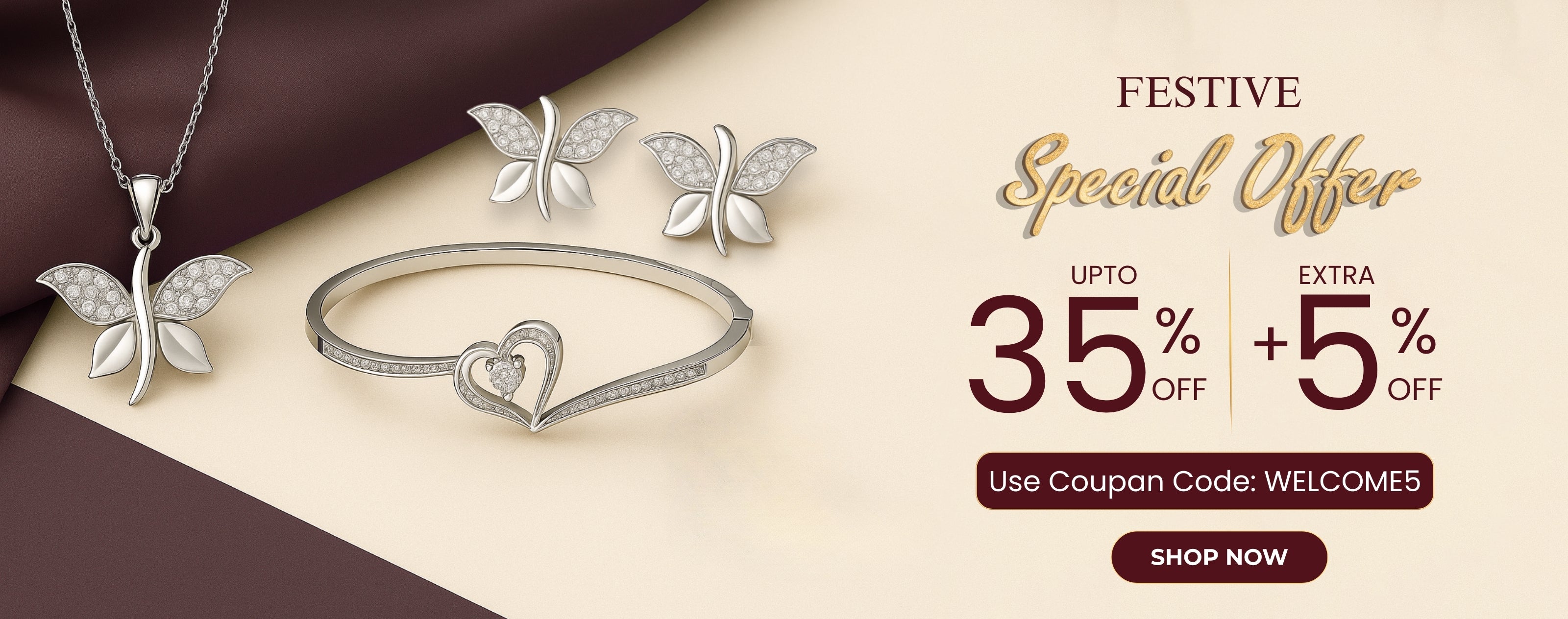 Silver butterfly necklace and bracelet with festive special offer text on a brown and beige background