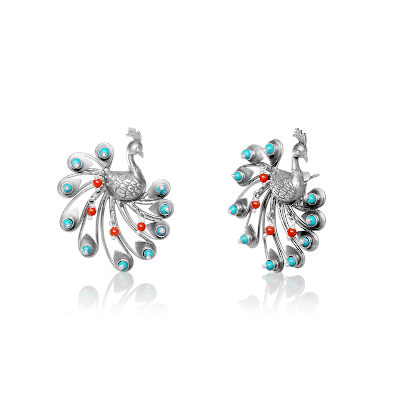 Oxidized Silver Dancing Peacock Earrings